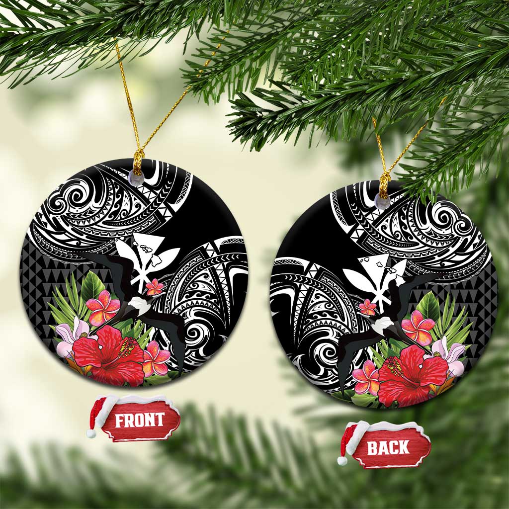 Hawaii Iwa Bird Ceramic Ornament Great Frigatebird Kanaka Tropical Flowers LT14 Circle Black - Polynesian Pride