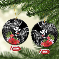 Hawaii Iwa Bird Ceramic Ornament Great Frigatebird Kanaka Tropical Flowers LT14 Circle Black - Polynesian Pride