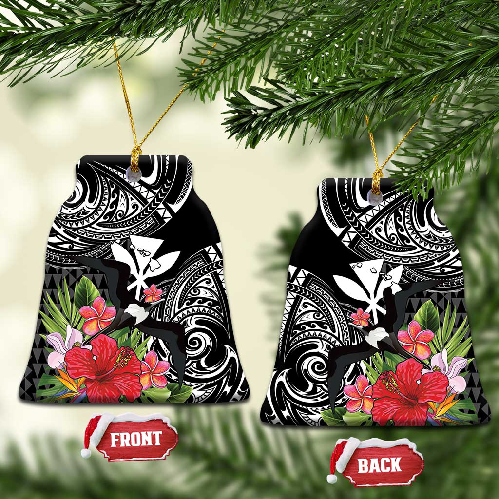 Hawaii Iwa Bird Ceramic Ornament Great Frigatebird Kanaka Tropical Flowers LT14 Bell Flake Black - Polynesian Pride