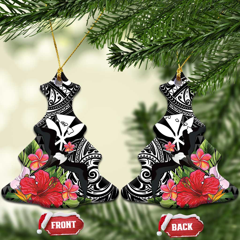 Hawaii Iwa Bird Ceramic Ornament Great Frigatebird Kanaka Tropical Flowers LT14 Christmas Tree Black - Polynesian Pride