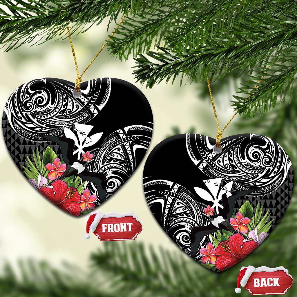 Hawaii Iwa Bird Ceramic Ornament Great Frigatebird Kanaka Tropical Flowers LT14 Heart Black - Polynesian Pride