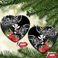 Hawaii Iwa Bird Ceramic Ornament Great Frigatebird Kanaka Tropical Flowers LT14 Heart Black - Polynesian Pride