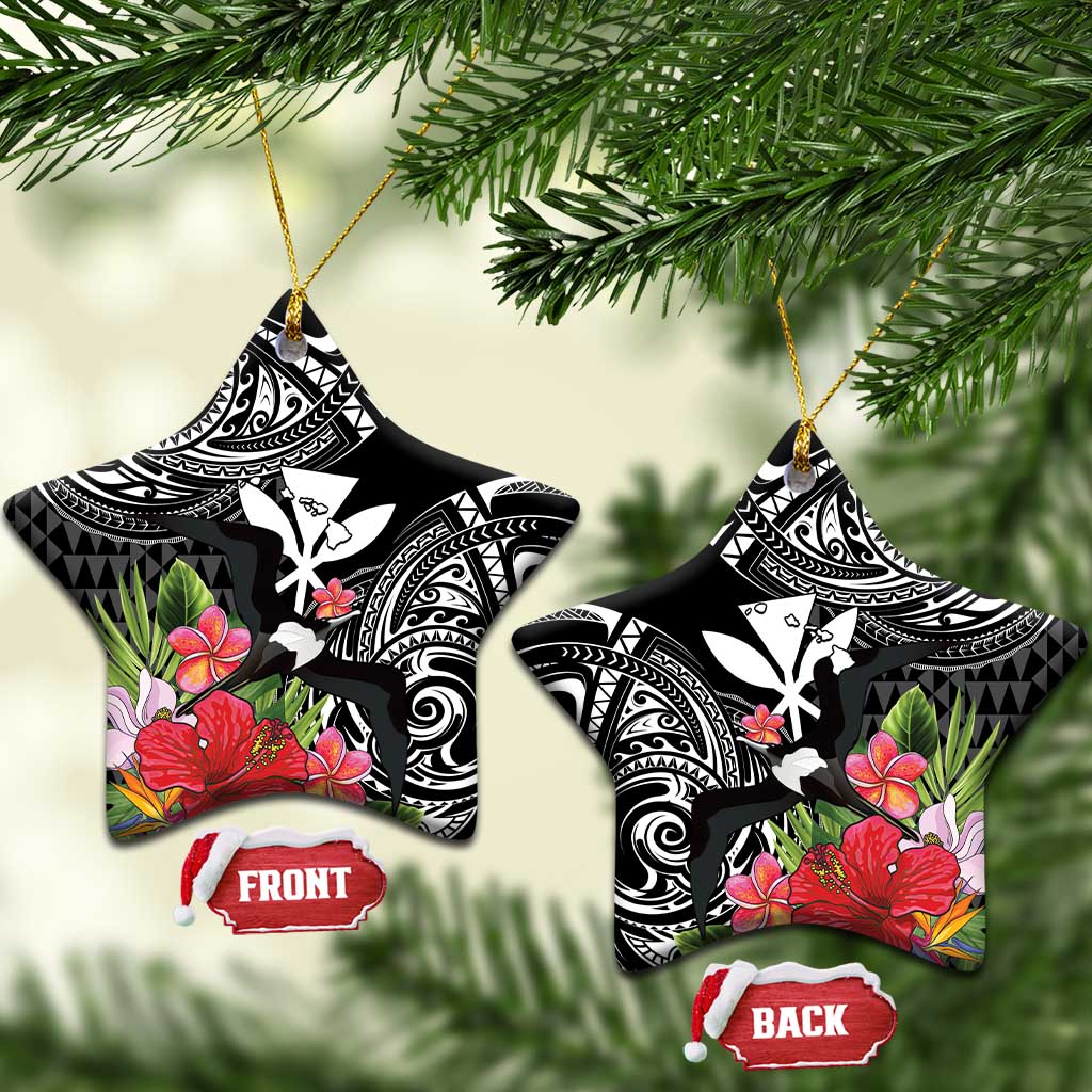 Hawaii Iwa Bird Ceramic Ornament Great Frigatebird Kanaka Tropical Flowers LT14 Star Black - Polynesian Pride