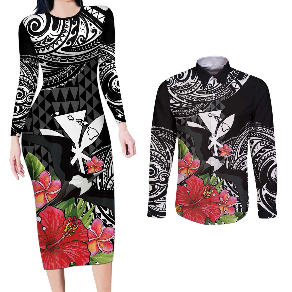 Hawaii Iwa Bird Couples Matching Long Sleeve Bodycon Dress and Long Sleeve Button Shirt Great Frigatebird Kanaka Tropical Flowers LT14 Black - Polynesian Pride