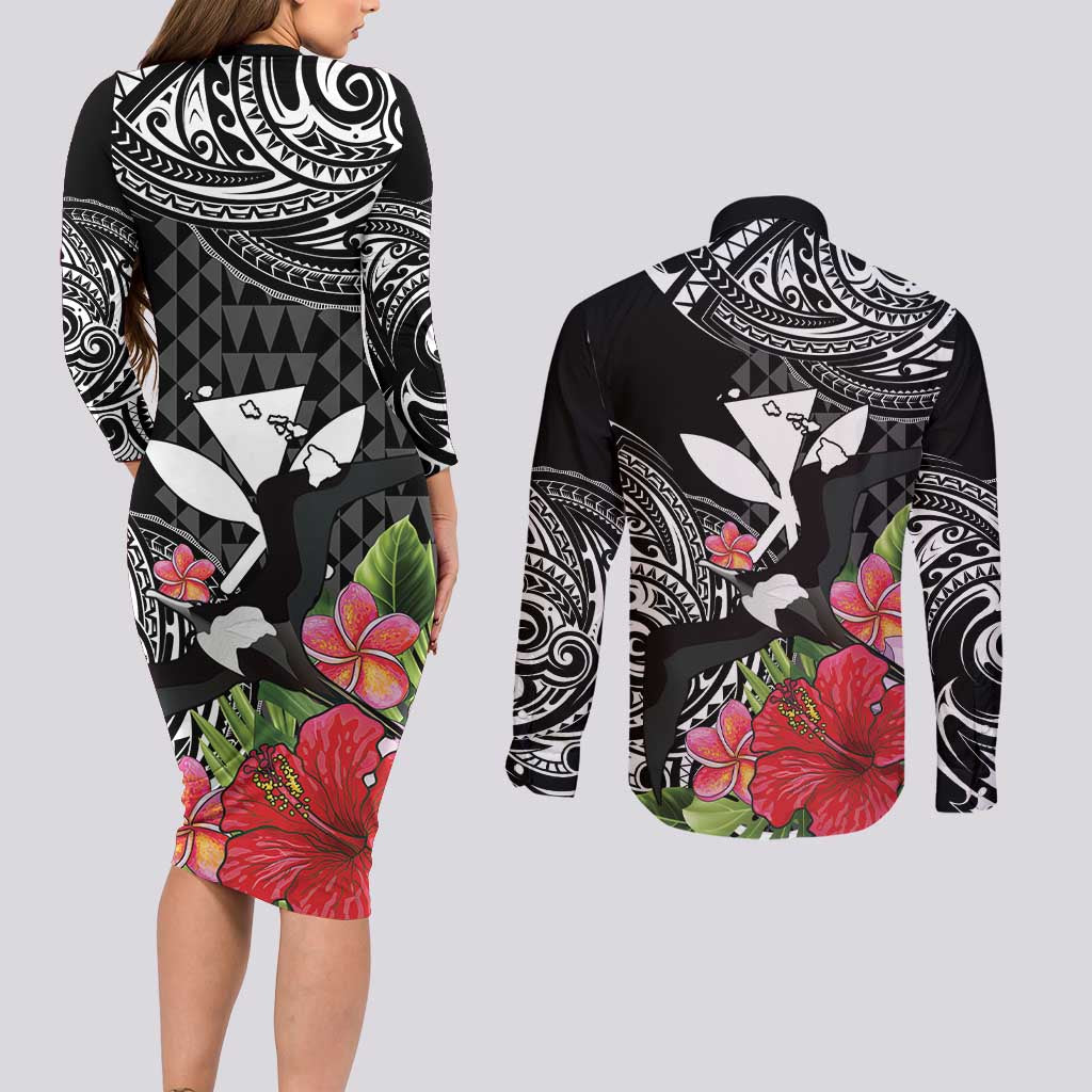Hawaii Iwa Bird Couples Matching Long Sleeve Bodycon Dress and Long Sleeve Button Shirt Great Frigatebird Kanaka Tropical Flowers LT14 - Polynesian Pride