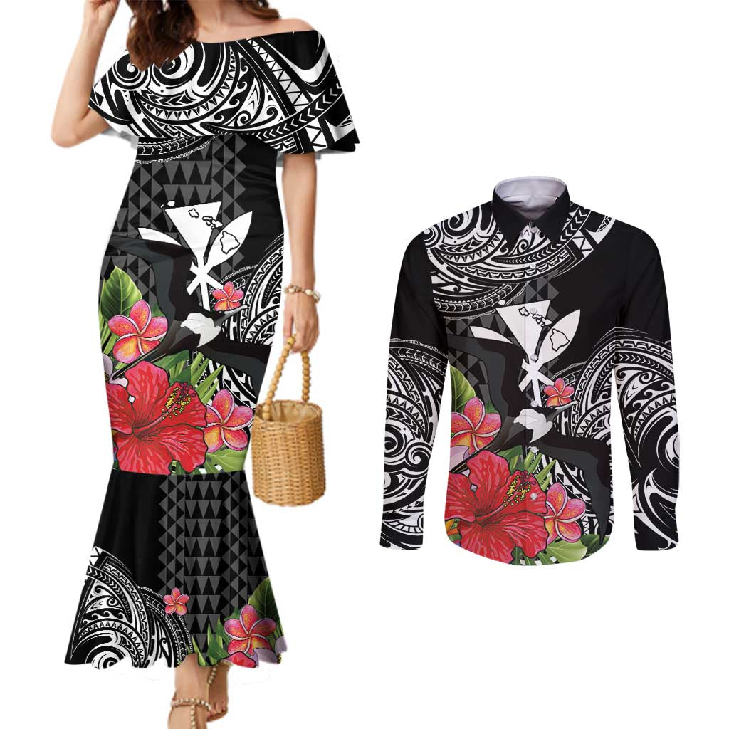 Hawaii Iwa Bird Couples Matching Mermaid Dress and Long Sleeve Button Shirt Great Frigatebird Kanaka Tropical Flowers LT14 Black - Polynesian Pride