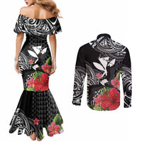 Hawaii Iwa Bird Couples Matching Mermaid Dress and Long Sleeve Button Shirt Great Frigatebird Kanaka Tropical Flowers LT14 - Polynesian Pride