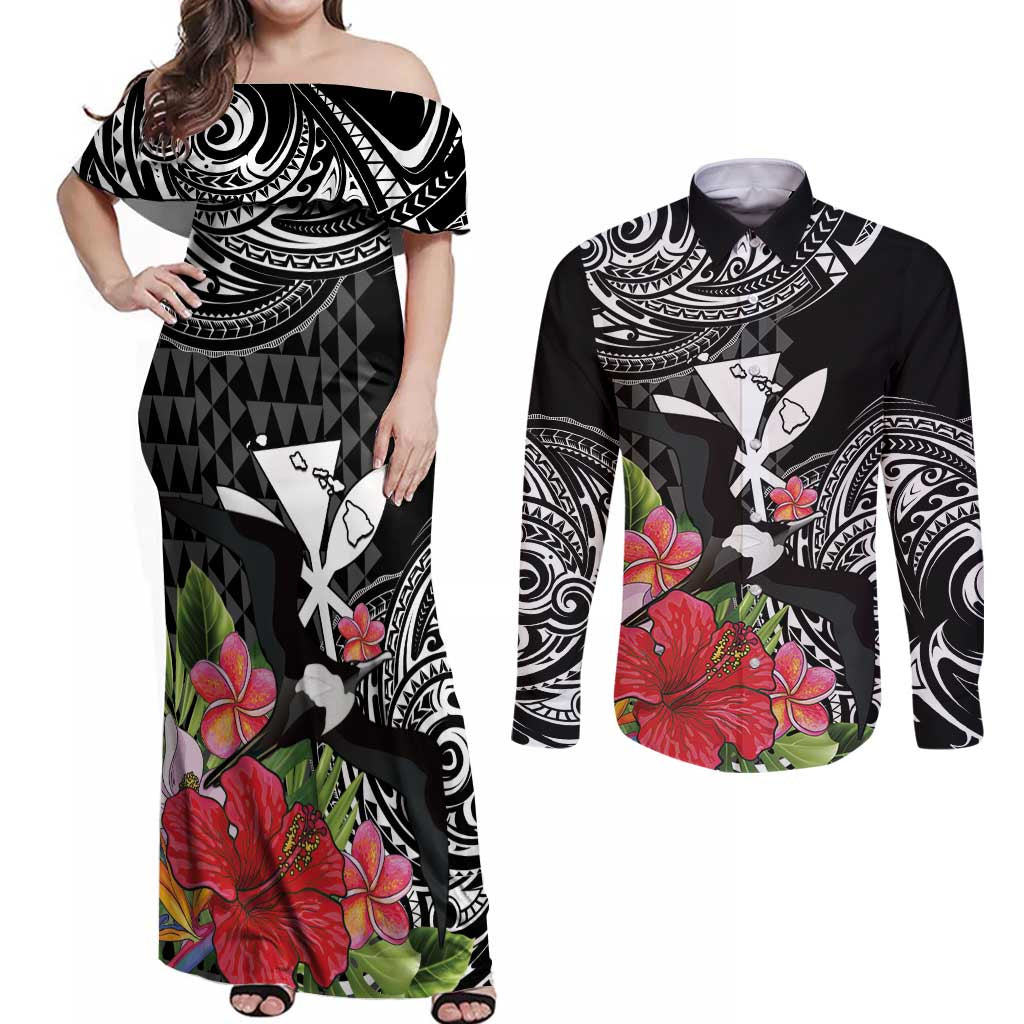 Hawaii Iwa Bird Couples Matching Off Shoulder Maxi Dress and Long Sleeve Button Shirt Great Frigatebird Kanaka Tropical Flowers LT14 Black - Polynesian Pride