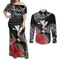Hawaii Iwa Bird Couples Matching Off Shoulder Maxi Dress and Long Sleeve Button Shirt Great Frigatebird Kanaka Tropical Flowers LT14 Black - Polynesian Pride