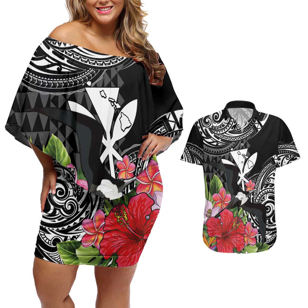 Hawaii Iwa Bird Couples Matching Off Shoulder Short Dress and Hawaiian Shirt Great Frigatebird Kanaka Tropical Flowers LT14 Black - Polynesian Pride