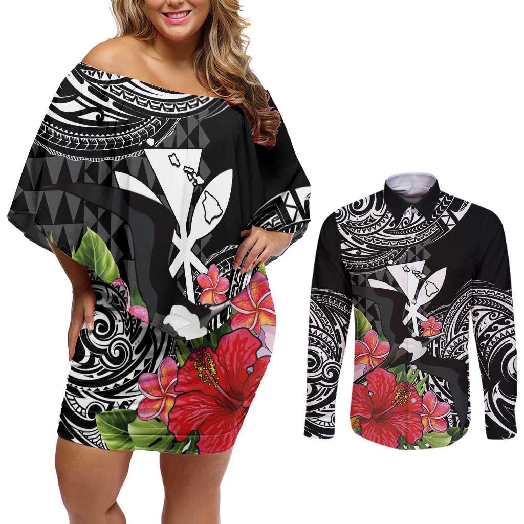 Hawaii Iwa Bird Couples Matching Off Shoulder Short Dress and Long Sleeve Button Shirt Great Frigatebird Kanaka Tropical Flowers LT14 Black - Polynesian Pride