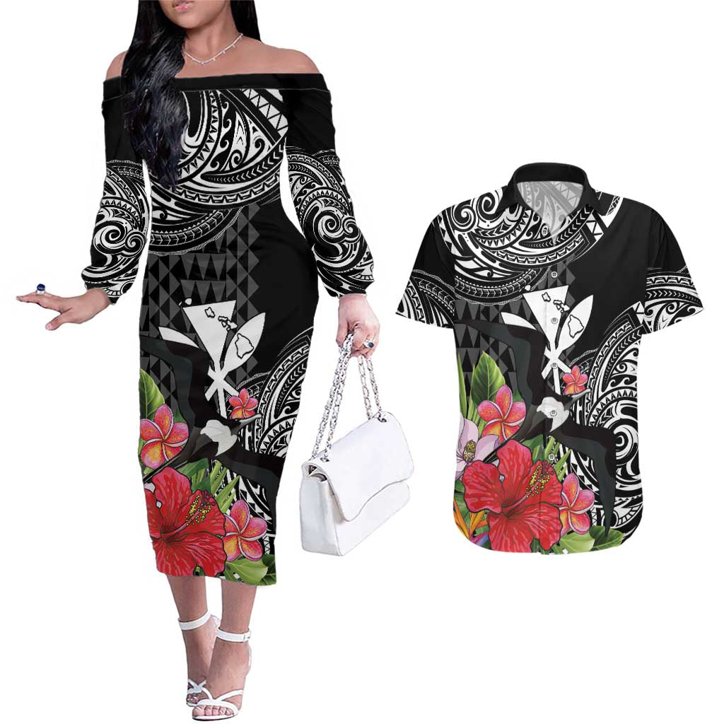 Hawaii Iwa Bird Couples Matching Off The Shoulder Long Sleeve Dress and Hawaiian Shirt Great Frigatebird Kanaka Tropical Flowers LT14 Black - Polynesian Pride