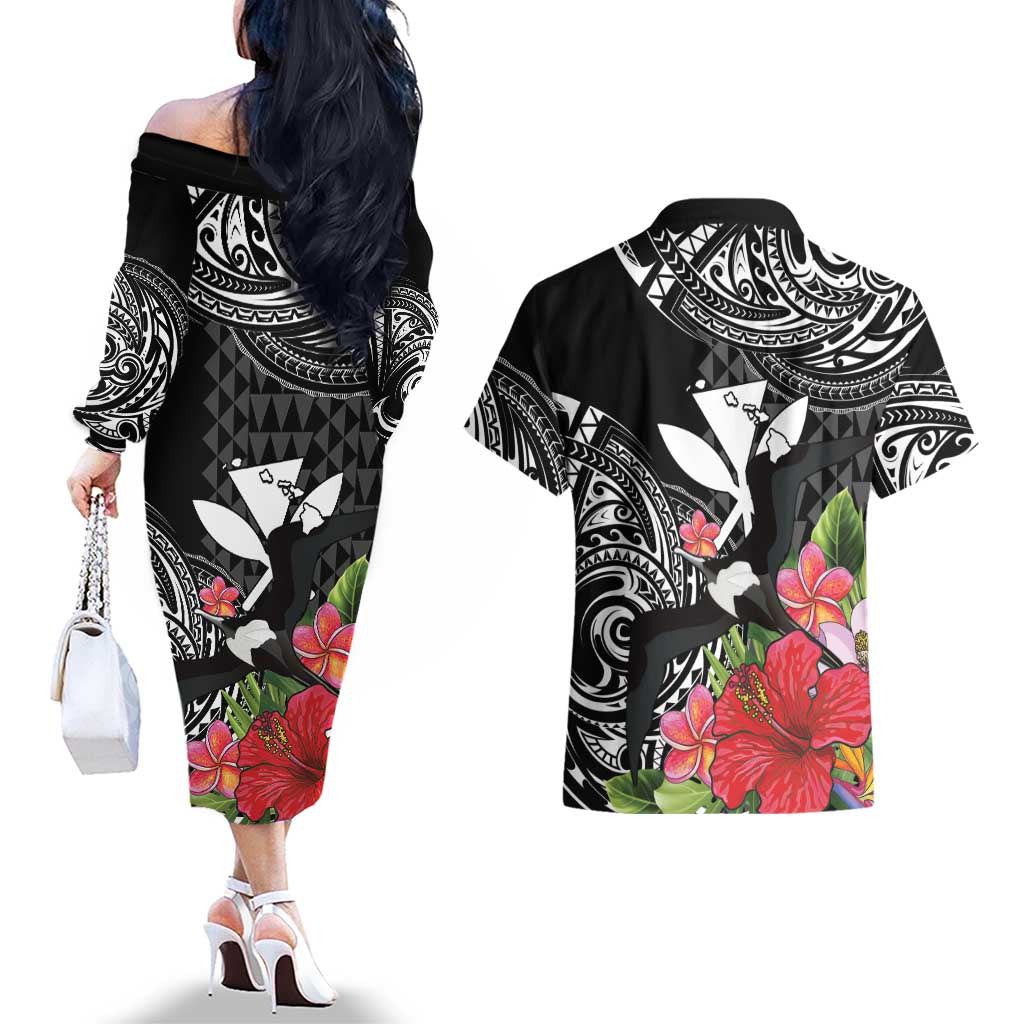 Hawaii Iwa Bird Couples Matching Off The Shoulder Long Sleeve Dress and Hawaiian Shirt Great Frigatebird Kanaka Tropical Flowers LT14 - Polynesian Pride