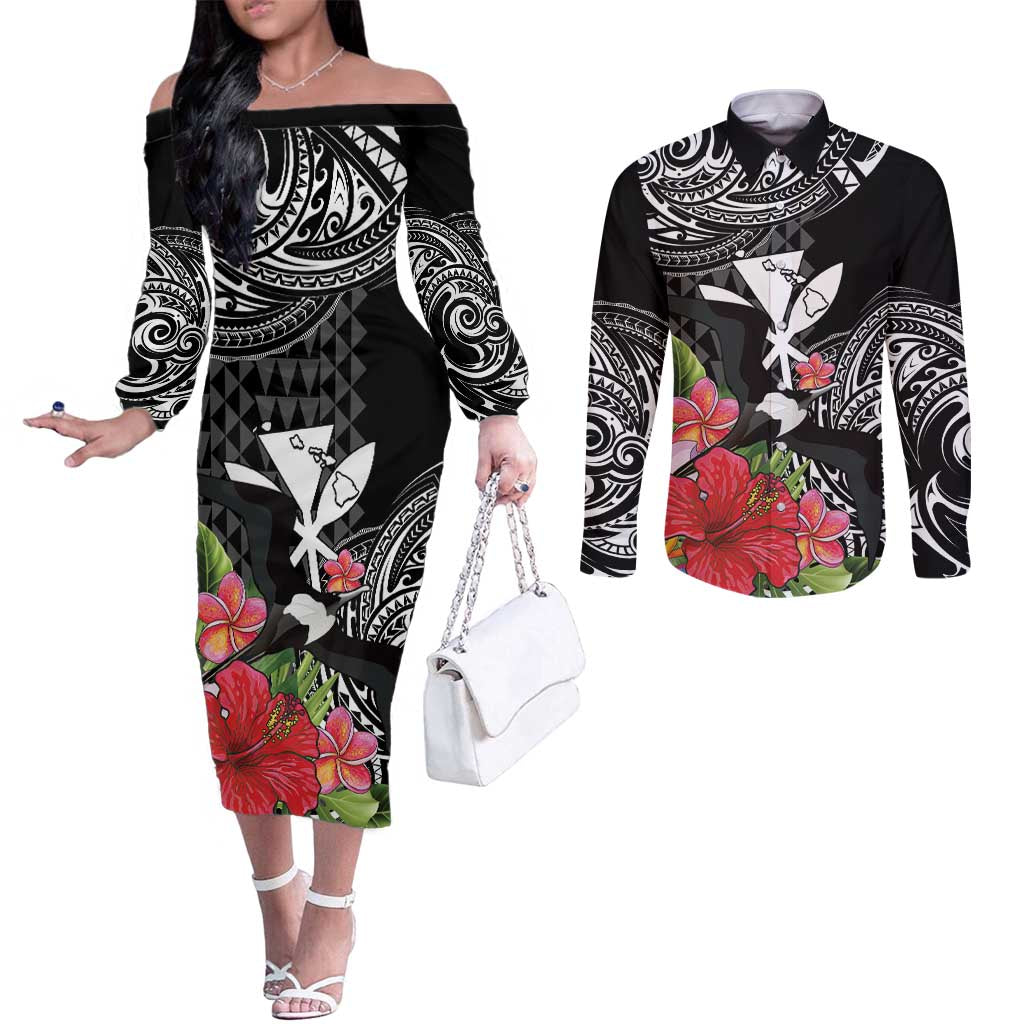 Hawaii Iwa Bird Couples Matching Off The Shoulder Long Sleeve Dress and Long Sleeve Button Shirt Great Frigatebird Kanaka Tropical Flowers LT14 Black - Polynesian Pride