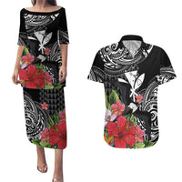 Hawaii Iwa Bird Couples Matching Puletasi and Hawaiian Shirt Great Frigatebird Kanaka Tropical Flowers LT14 Black - Polynesian Pride