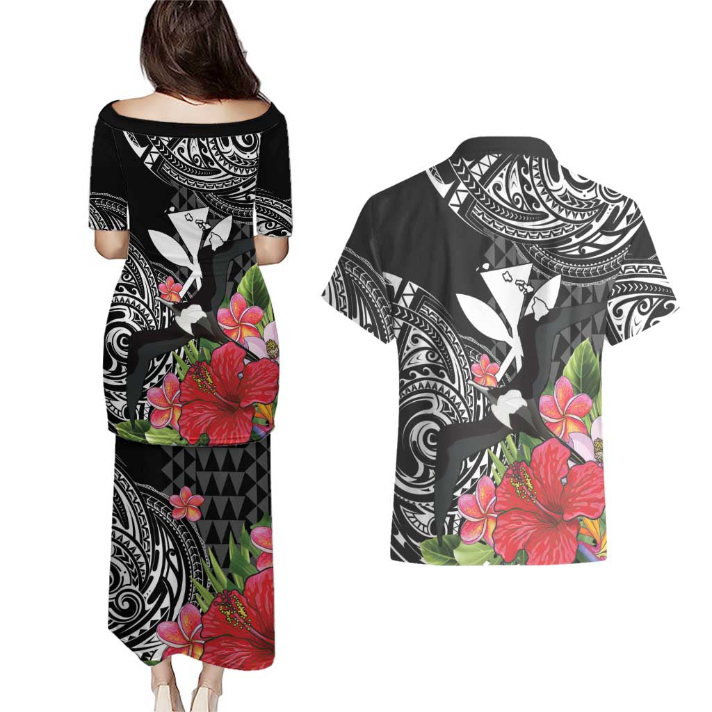 Hawaii Iwa Bird Couples Matching Puletasi and Hawaiian Shirt Great Frigatebird Kanaka Tropical Flowers LT14 - Polynesian Pride