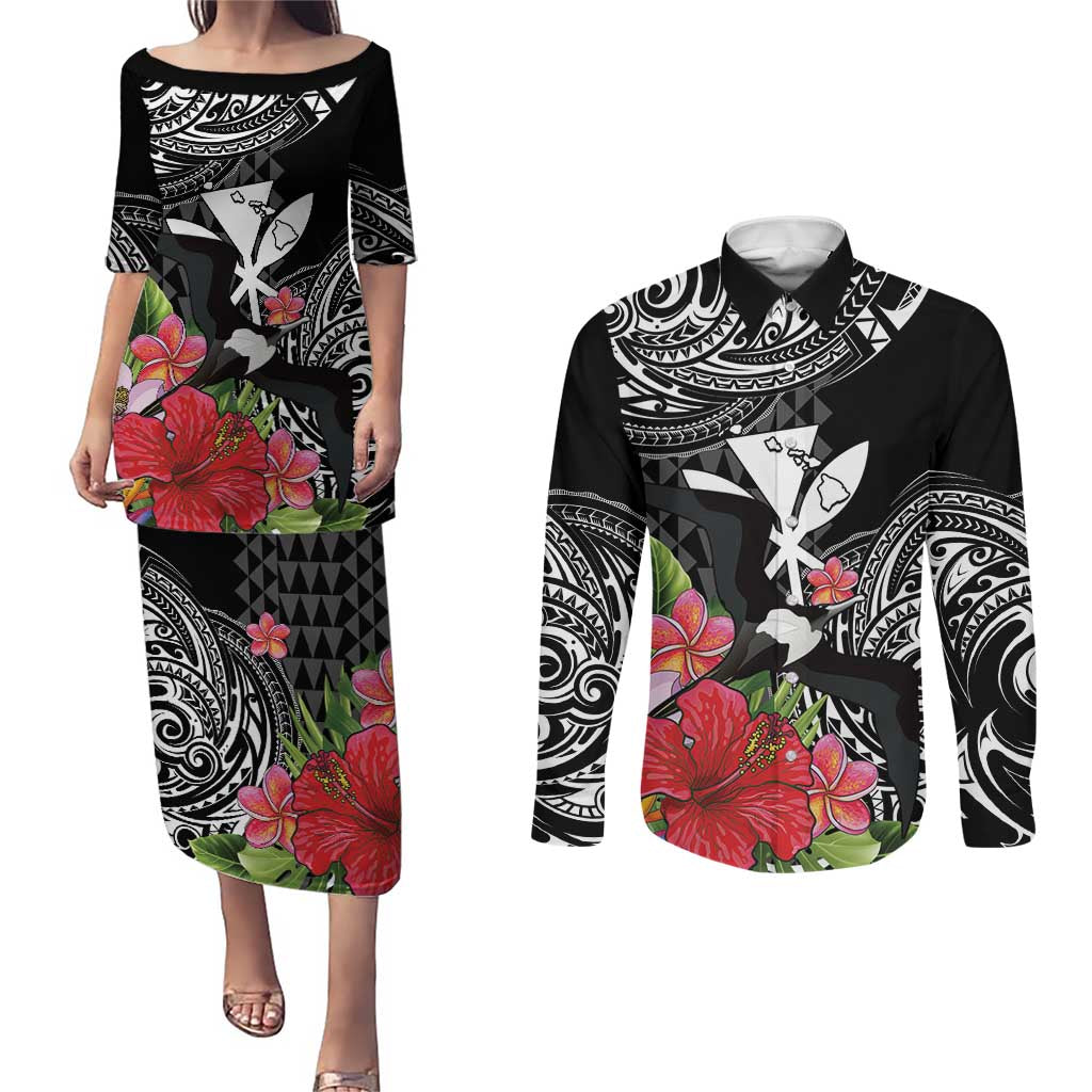 Hawaii Iwa Bird Couples Matching Puletasi and Long Sleeve Button Shirt Great Frigatebird Kanaka Tropical Flowers LT14 Black - Polynesian Pride