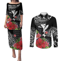 Hawaii Iwa Bird Couples Matching Puletasi and Long Sleeve Button Shirt Great Frigatebird Kanaka Tropical Flowers LT14 Black - Polynesian Pride