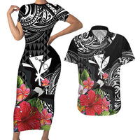 Hawaii Iwa Bird Couples Matching Short Sleeve Bodycon Dress and Hawaiian Shirt Great Frigatebird Kanaka Tropical Flowers LT14 Black - Polynesian Pride