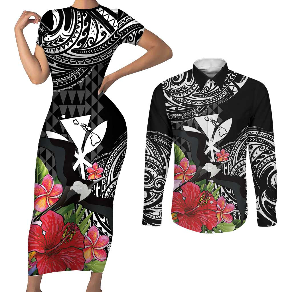 Hawaii Iwa Bird Couples Matching Short Sleeve Bodycon Dress and Long Sleeve Button Shirt Great Frigatebird Kanaka Tropical Flowers LT14 Black - Polynesian Pride