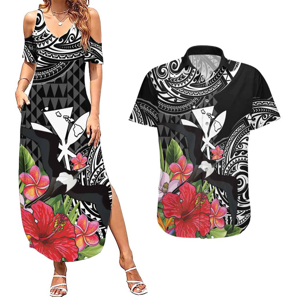 Hawaii Iwa Bird Couples Matching Summer Maxi Dress and Hawaiian Shirt Great Frigatebird Kanaka Tropical Flowers LT14 Black - Polynesian Pride