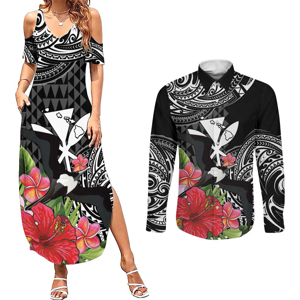 Hawaii Iwa Bird Couples Matching Summer Maxi Dress and Long Sleeve Button Shirt Great Frigatebird Kanaka Tropical Flowers LT14 Black - Polynesian Pride