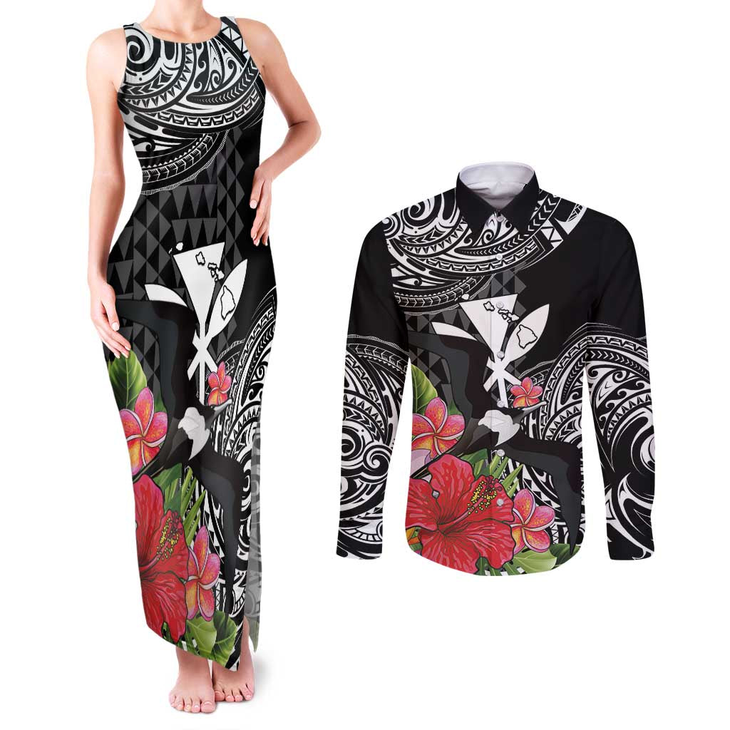 Hawaii Iwa Bird Couples Matching Tank Maxi Dress and Long Sleeve Button Shirt Great Frigatebird Kanaka Tropical Flowers LT14 Black - Polynesian Pride