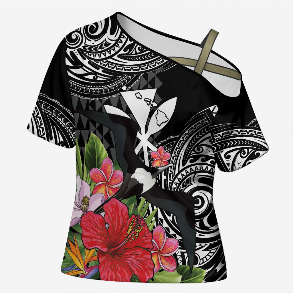 Hawaii Iwa Bird Cross Shoulder Shirt Great Frigatebird Kanaka Tropical Flowers LT14 Female Black - Polynesian Pride
