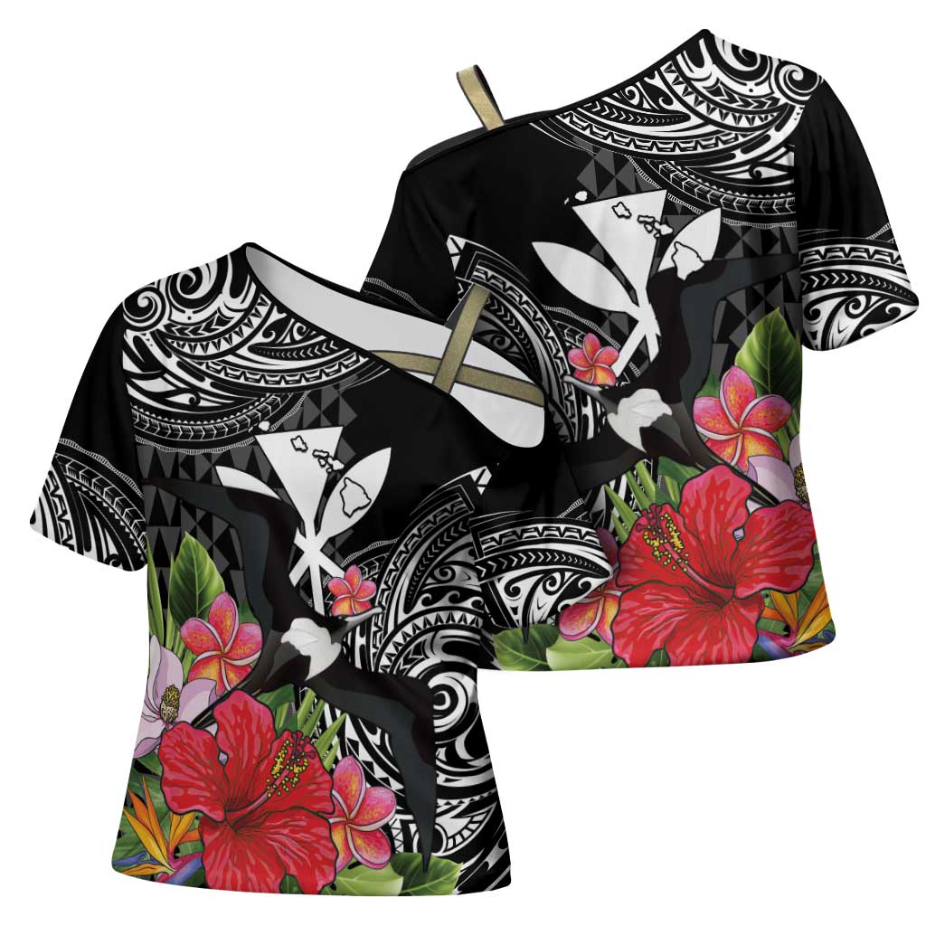 Hawaii Iwa Bird Cross Shoulder Shirt Great Frigatebird Kanaka Tropical Flowers LT14 - Polynesian Pride