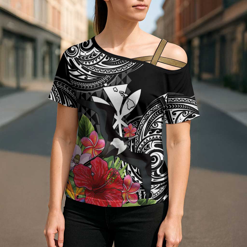 Hawaii Iwa Bird Cross Shoulder Shirt Great Frigatebird Kanaka Tropical Flowers LT14 - Polynesian Pride