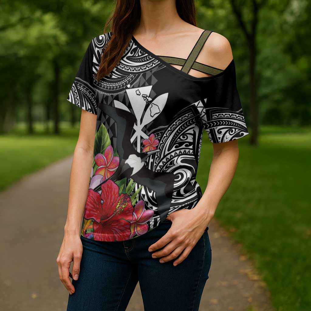 Hawaii Iwa Bird Cross Shoulder Shirt Great Frigatebird Kanaka Tropical Flowers LT14 - Polynesian Pride