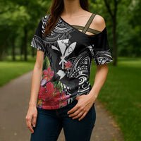 Hawaii Iwa Bird Cross Shoulder Shirt Great Frigatebird Kanaka Tropical Flowers LT14 - Polynesian Pride