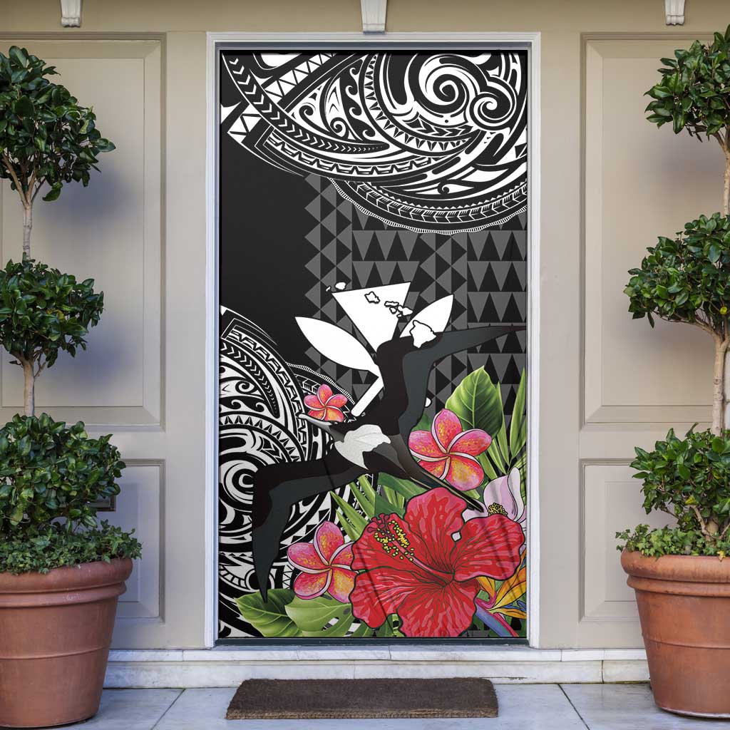 Hawaii Iwa Bird Door Cover Great Frigatebird Kanaka Tropical Flowers LT14 Black - Polynesian Pride