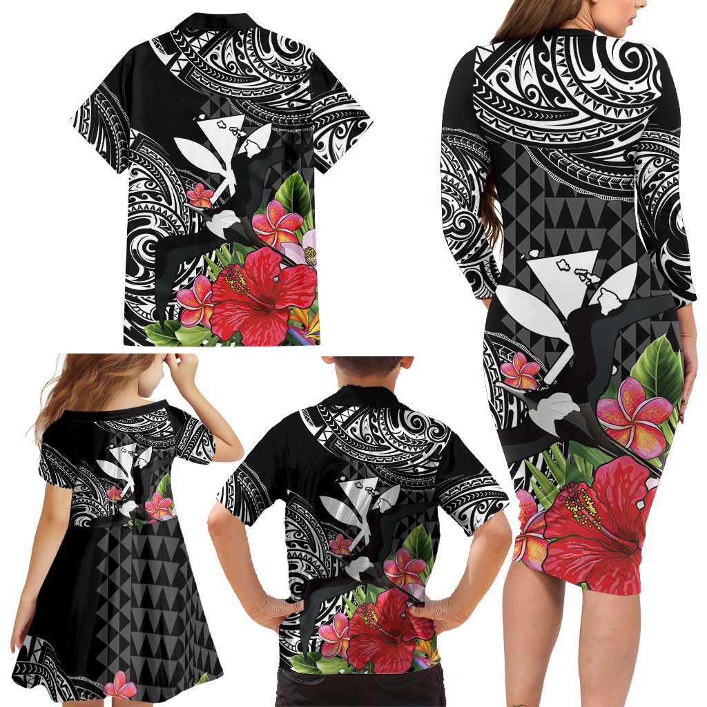 Hawaii Iwa Bird Family Matching Long Sleeve Bodycon Dress and Hawaiian Shirt Great Frigatebird Kanaka Tropical Flowers LT14 - Polynesian Pride