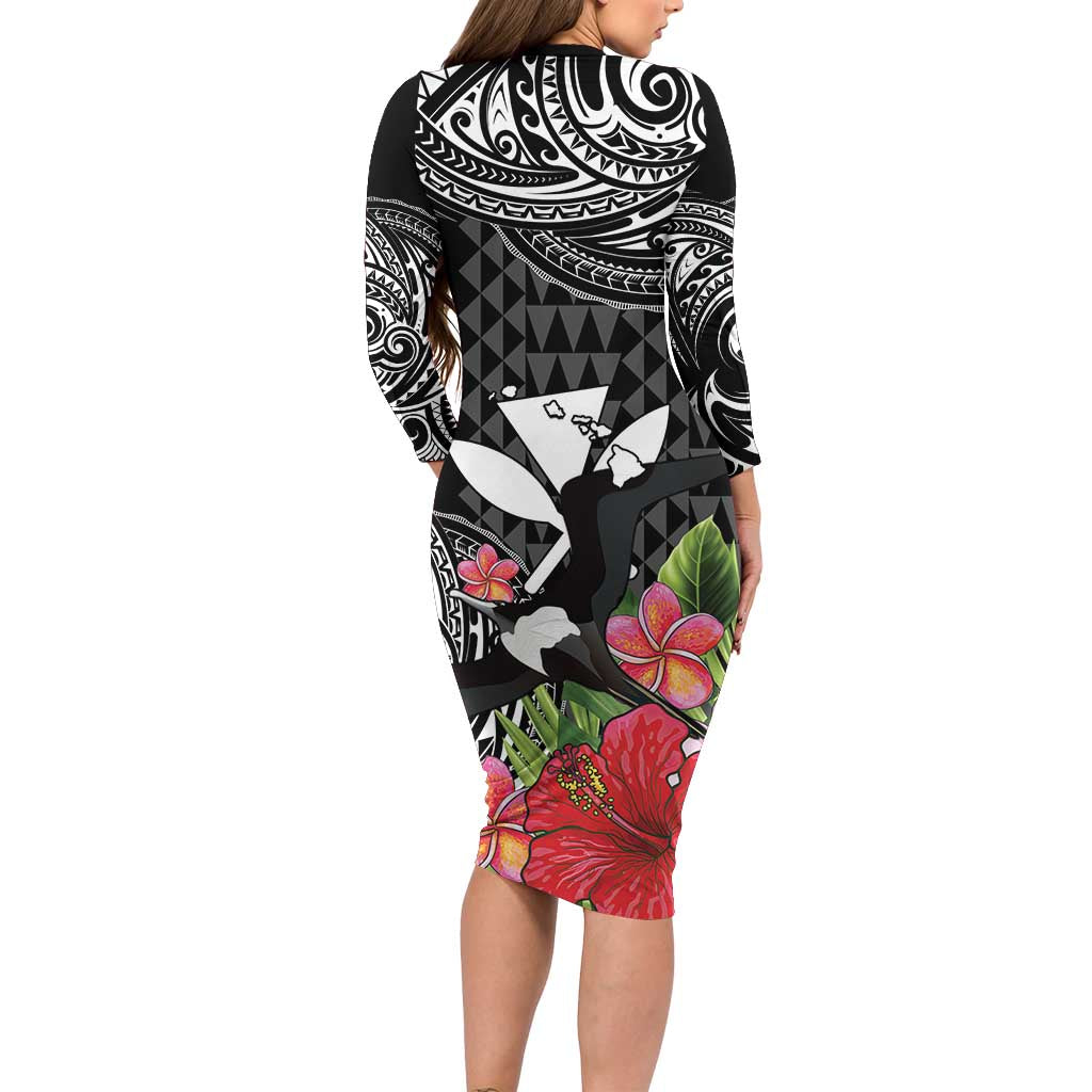 Hawaii Iwa Bird Family Matching Long Sleeve Bodycon Dress and Hawaiian Shirt Great Frigatebird Kanaka Tropical Flowers LT14 - Polynesian Pride