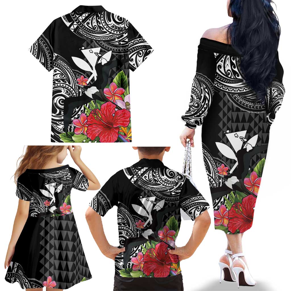 Hawaii Iwa Bird Family Matching Off The Shoulder Long Sleeve Dress and Hawaiian Shirt Great Frigatebird Kanaka Tropical Flowers LT14 - Polynesian Pride