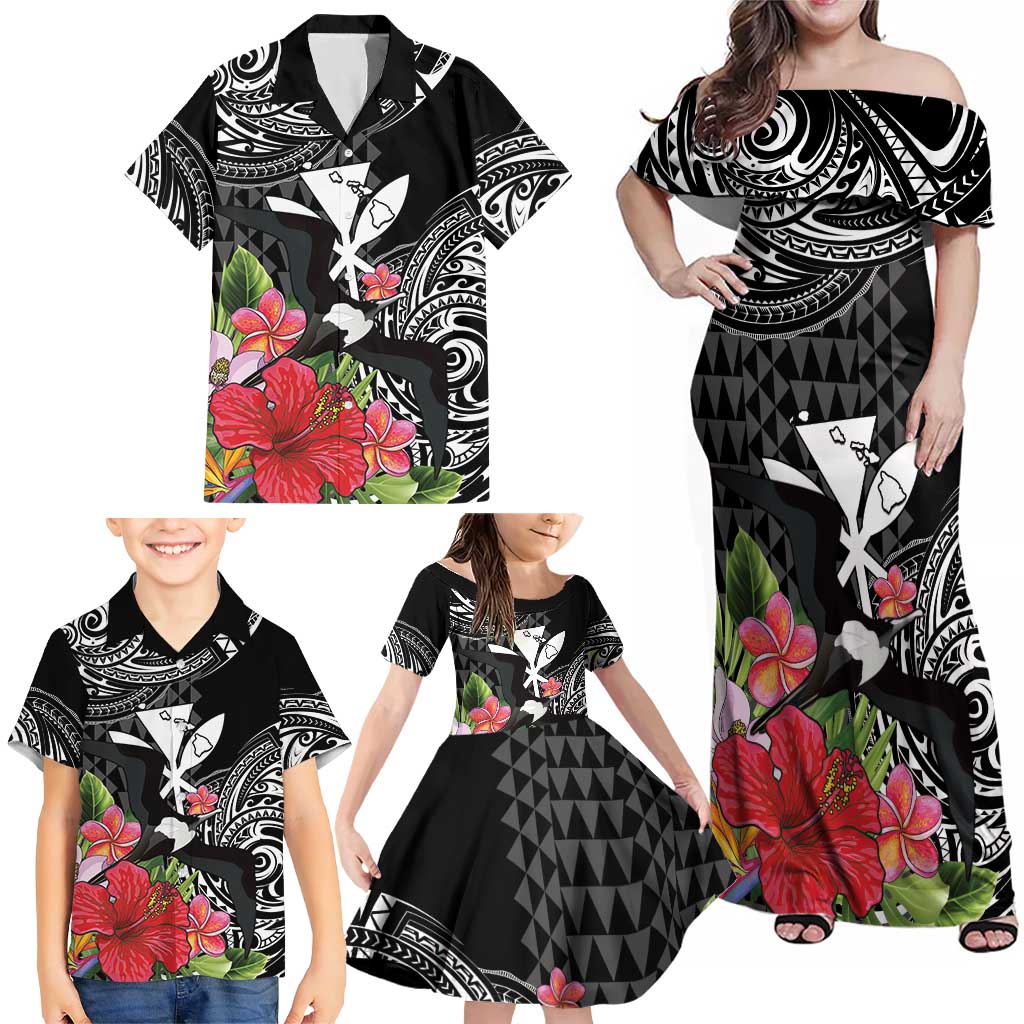 Hawaii Iwa Bird Family Matching Off Shoulder Maxi Dress and Hawaiian Shirt Great Frigatebird Kanaka Tropical Flowers - Polynesian Pride