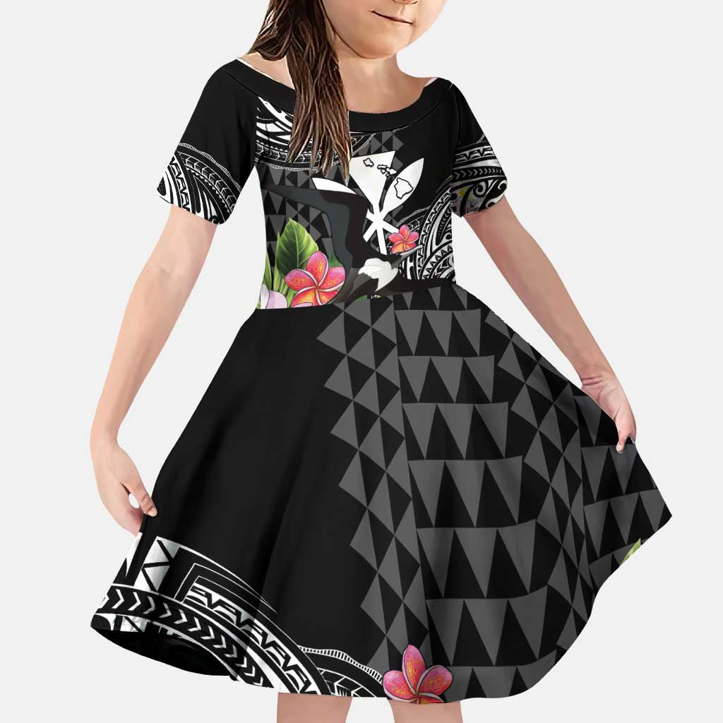 Hawaii Iwa Bird Family Matching Off Shoulder Short Dress and Hawaiian Shirt Great Frigatebird Kanaka Tropical Flowers LT14 Daughter's Dress Black - Polynesian Pride