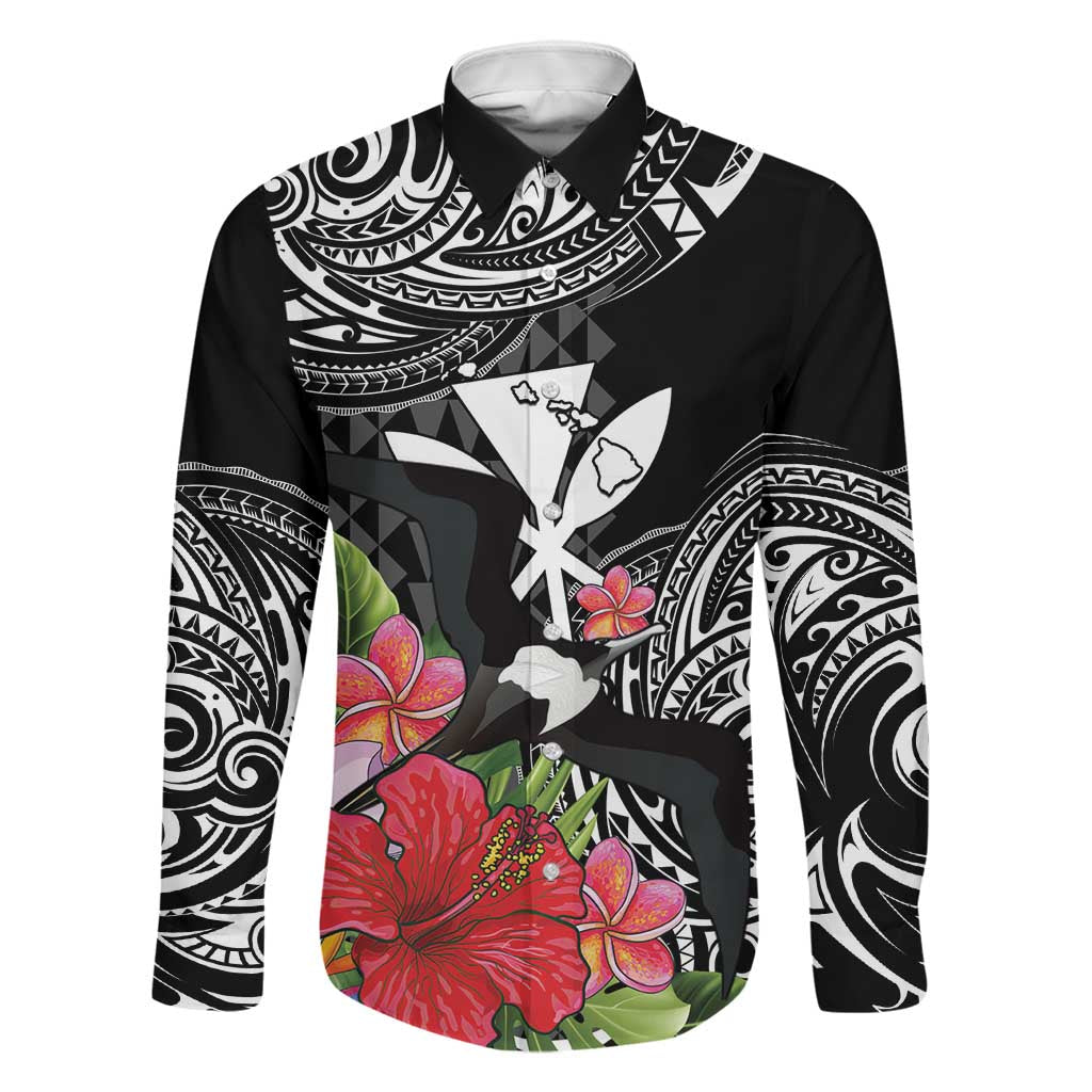 Hawaii Iwa Bird Family Matching Puletasi and Hawaiian Shirt Great Frigatebird Kanaka Tropical Flowers LT14 Dad's Shirt - Long Sleeve Black - Polynesian Pride