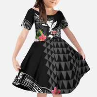 Hawaii Iwa Bird Family Matching Short Sleeve Bodycon Dress and Hawaiian Shirt Great Frigatebird Kanaka Tropical Flowers LT14 Daughter's Dress Black - Polynesian Pride
