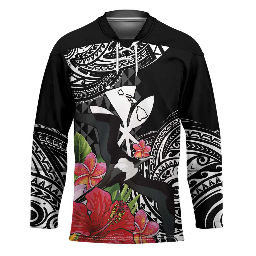 Hawaii Iwa Bird Hockey Jersey Great Frigatebird Kanaka Tropical Flowers LT14 Unisex Black - Polynesian Pride