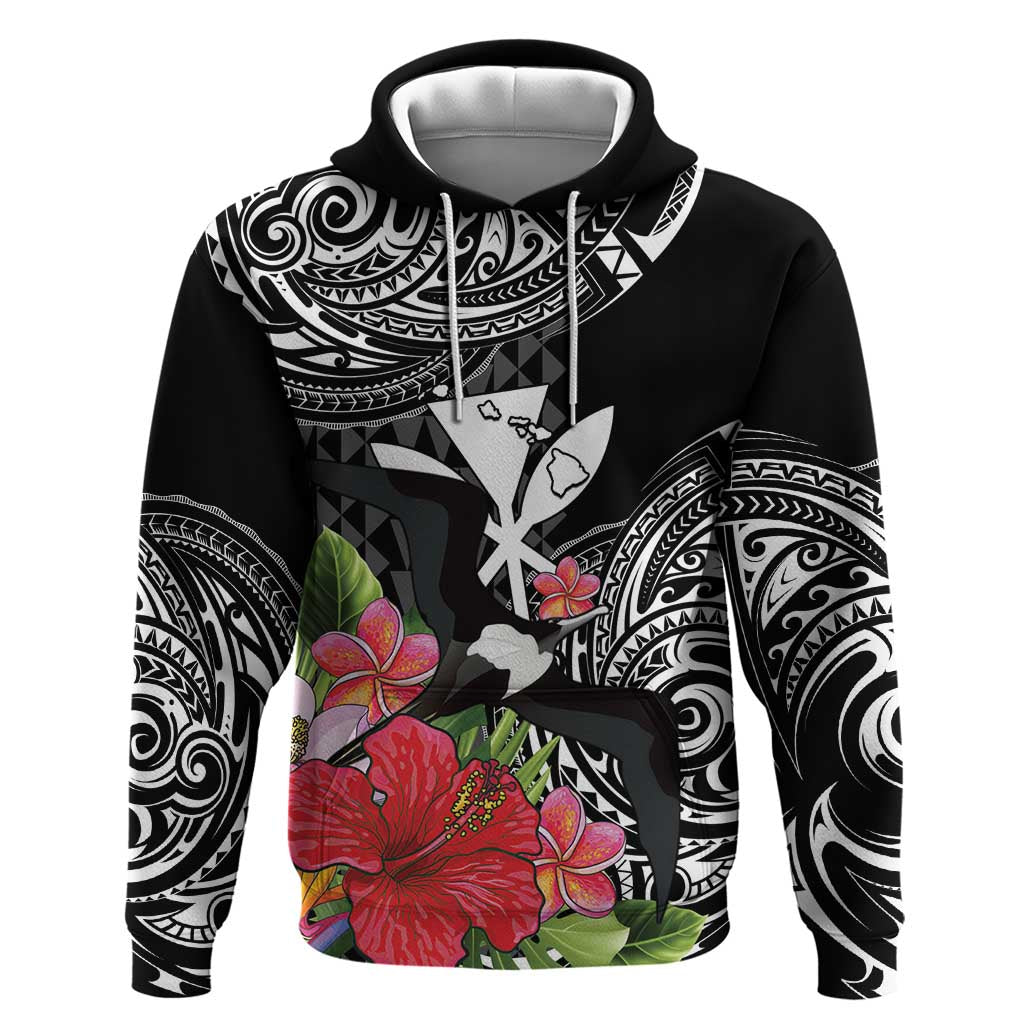 Hawaii Iwa Bird Hoodie Great Frigatebird Kanaka Tropical Flowers LT14 Pullover Hoodie Black - Polynesian Pride