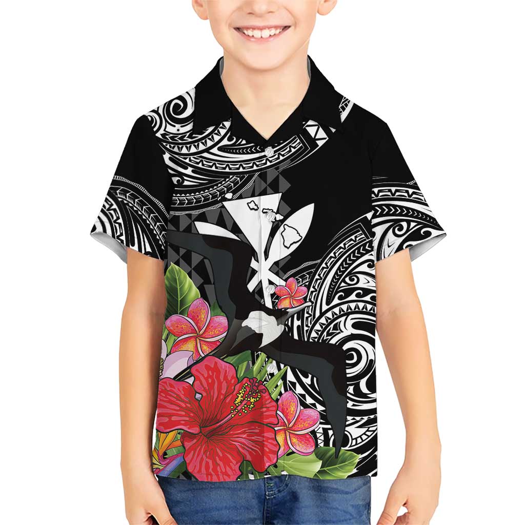 Hawaii Iwa Bird Kid Hawaiian Shirt Great Frigatebird Kanaka Tropical Flowers LT14 Kid Black - Polynesian Pride