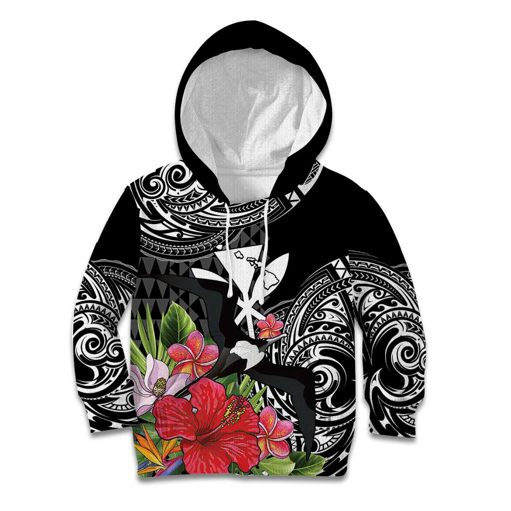 Hawaii Iwa Bird Kid Hoodie Great Frigatebird Kanaka Tropical Flowers LT14 Hoodie Black - Polynesian Pride