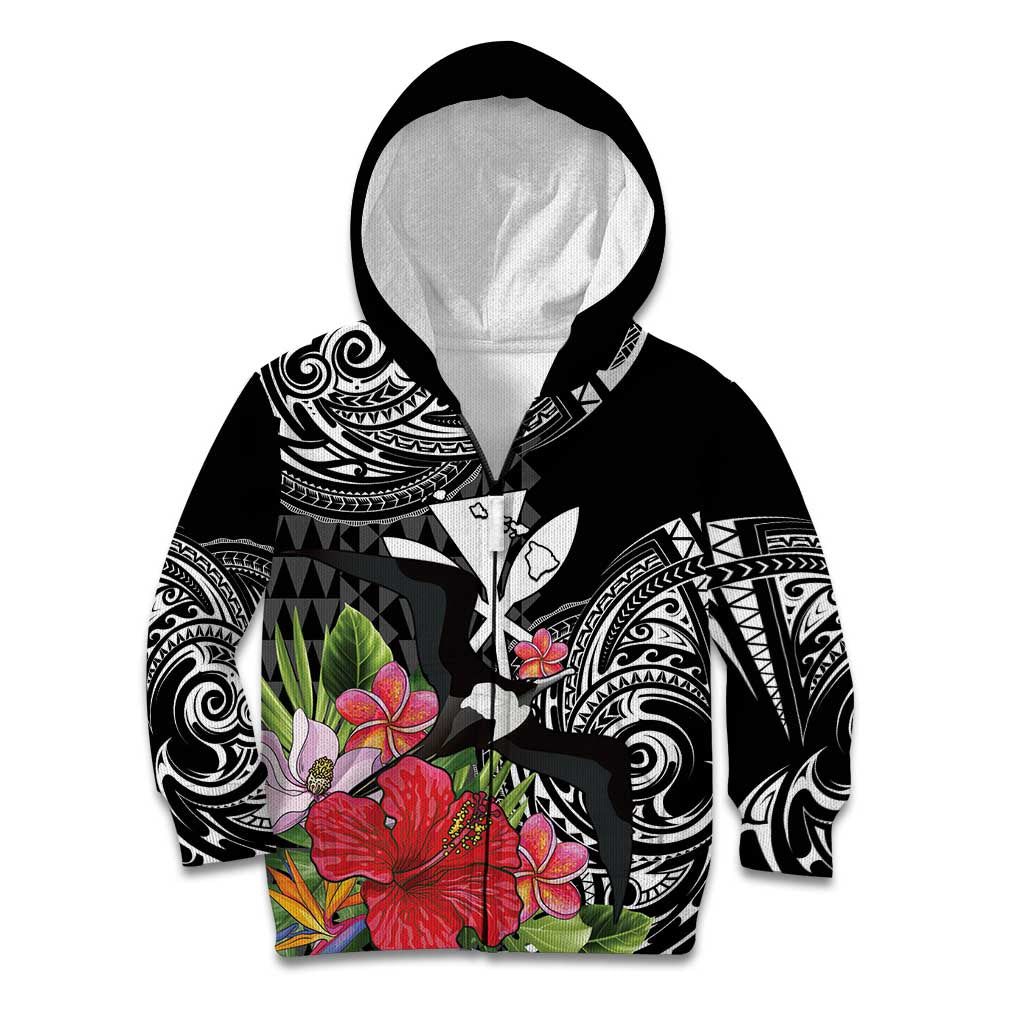 Hawaii Iwa Bird Kid Hoodie Great Frigatebird Kanaka Tropical Flowers LT14 Zip Hoodie Black - Polynesian Pride