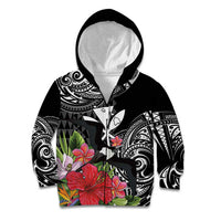 Hawaii Iwa Bird Kid Hoodie Great Frigatebird Kanaka Tropical Flowers LT14 Zip Hoodie Black - Polynesian Pride