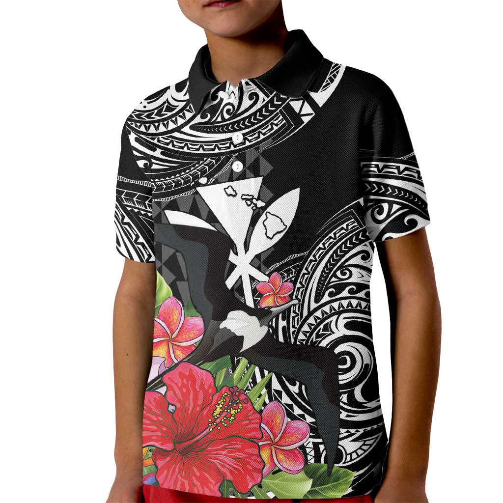 Hawaii Iwa Bird Kid Polo Shirt Great Frigatebird Kanaka Tropical Flowers LT14 Kid Black - Polynesian Pride