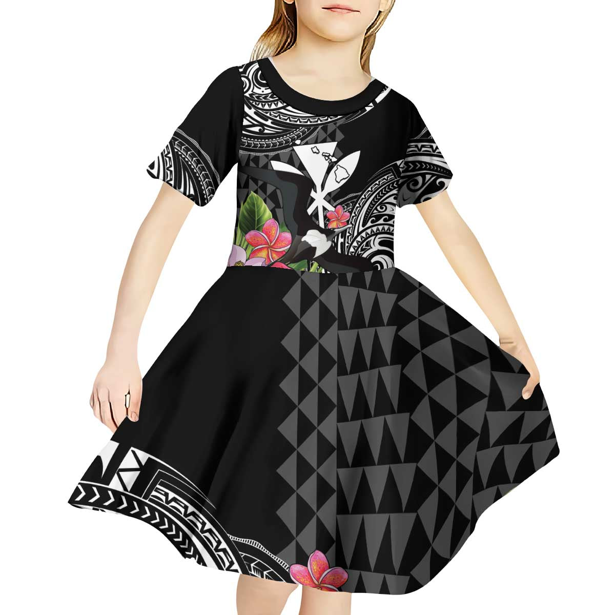 Hawaii Iwa Bird Kid Short Sleeve Dress Great Frigatebird Kanaka Tropical Flowers LT14 - Polynesian Pride