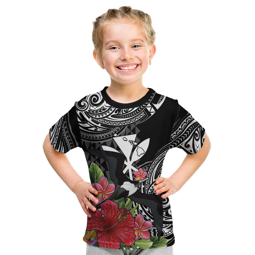 Hawaii Iwa Bird Kid T Shirt Great Frigatebird Kanaka Tropical Flowers LT14 Black - Polynesian Pride