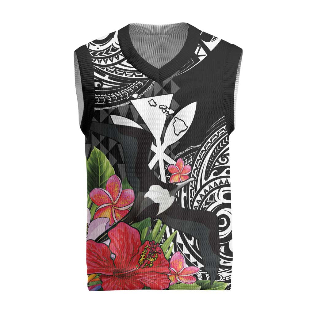 Hawaii Iwa Bird Christmas Knitted V-Neck Vest Great Frigatebird Kanaka Tropical Flowers LT14 Black - Polynesian Pride